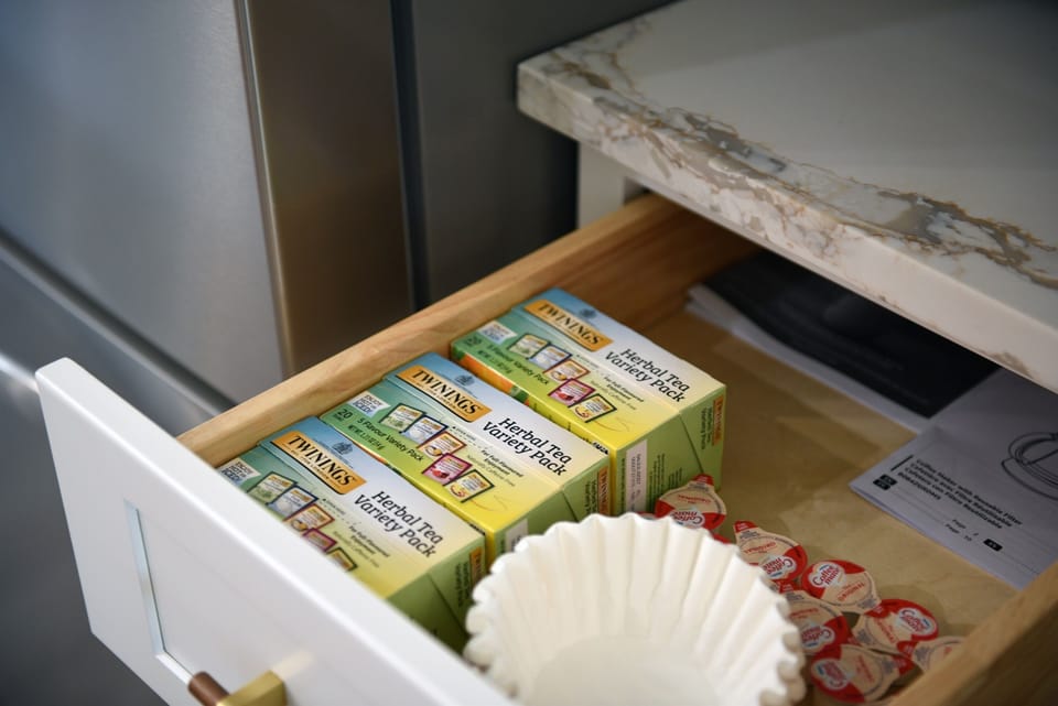Tea lovers and drip coffee fans—we’ve got you covered. Check the drawer for a variety of teas and filters for your perfect cup