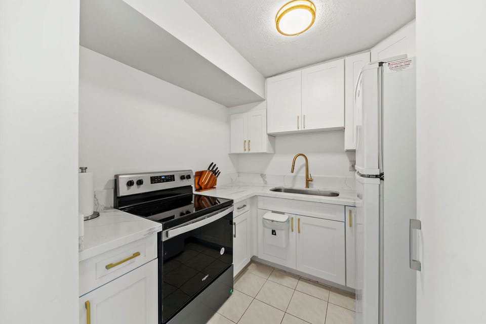 Fully-equipped kitchen with electric stove, oven and fridge