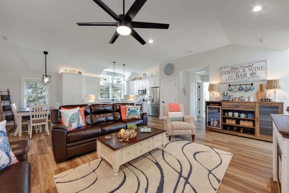 Custom coffee and wine bar with beverage refrigerator