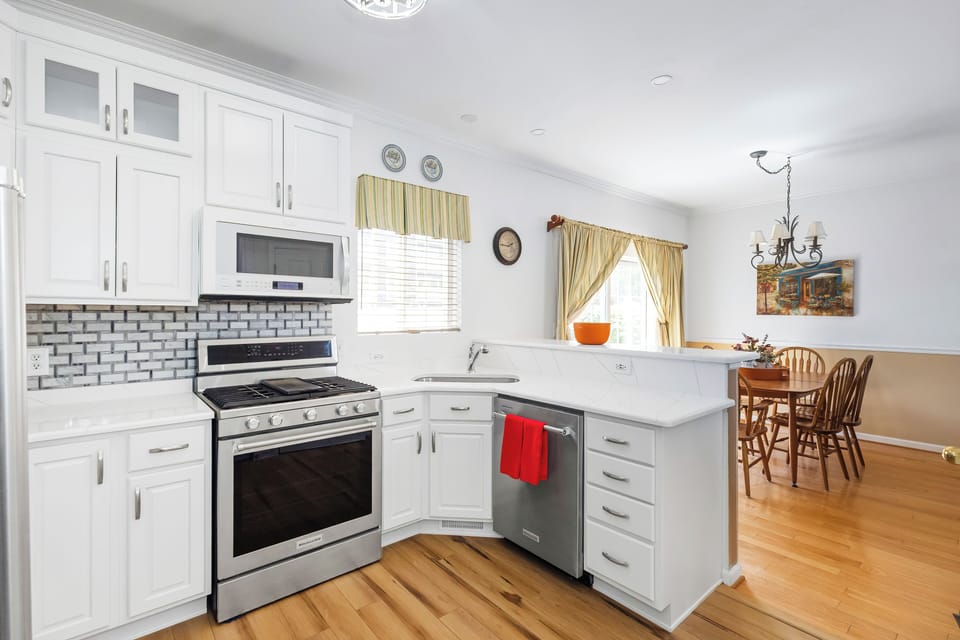 Kitchen on first floor with views of the pool.