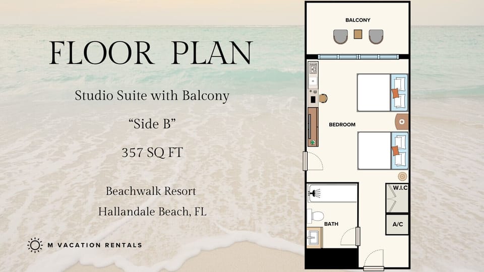 Unit floor plan: studio with balcony,  1 bathroom.
