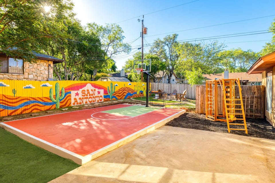 Fun for all ages right outside your door! Whether you’re shooting hoops on the basketball court or watching the little ones laugh and play on the kids’ playground, this backyard is built for unforgettable memories.