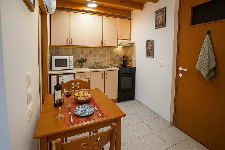 Fully equipped kitchen with standard size oven and fridge, espresso machine