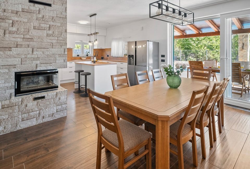 The fully equipped kitchen, complete with a stylish island