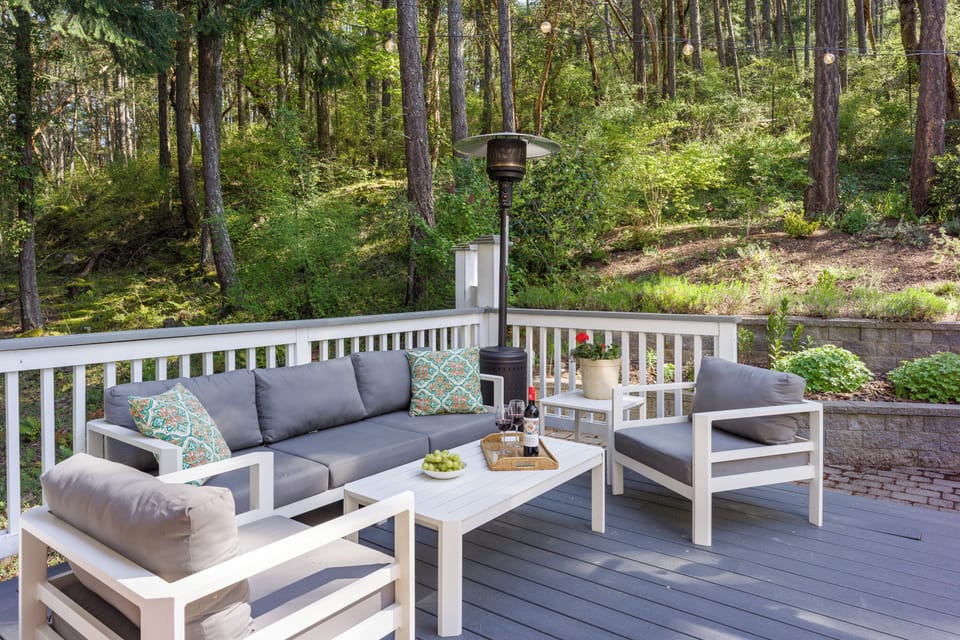 Private flower gardens with seating, firepit and dining 