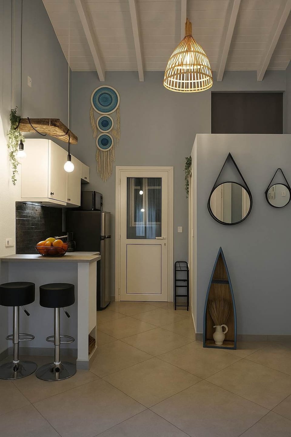 Well-lit bedroom with boho elements and modern comfort.