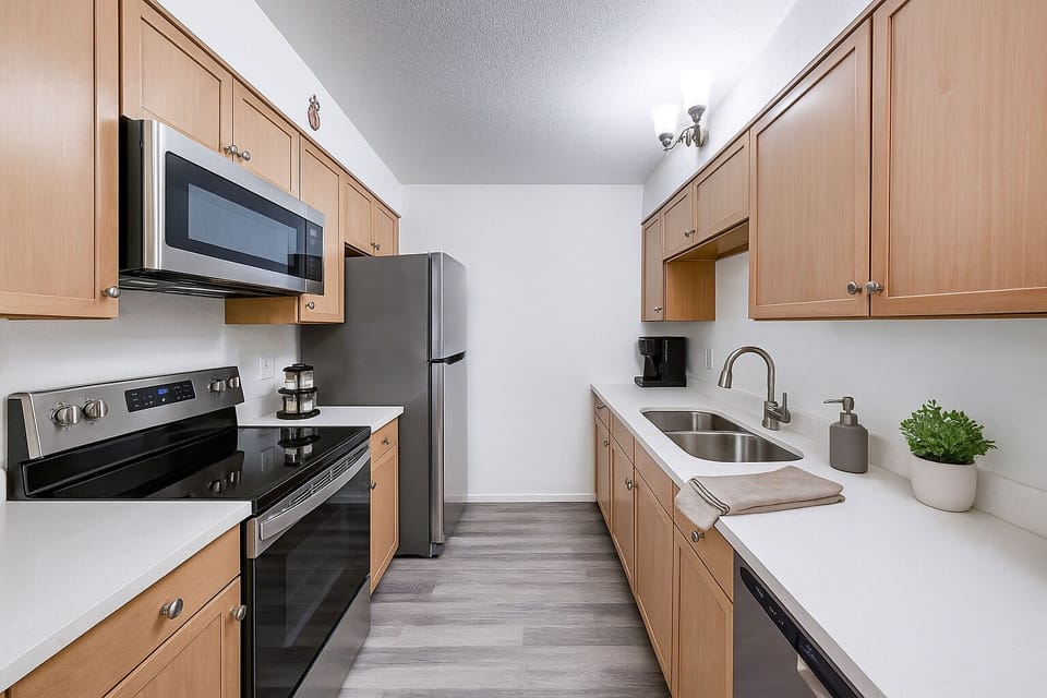 Whether you're cooking or just brewing coffee, the full kitchen has everything you need to feel right at home.