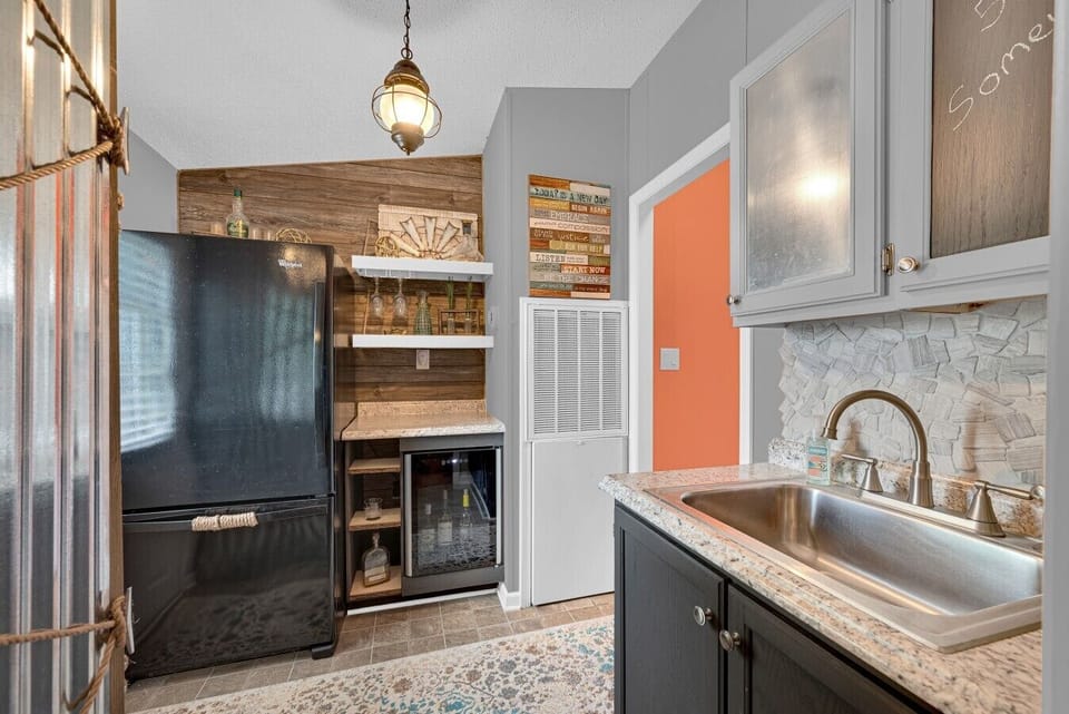 Beverage Station | Black Refrigerator | Wine Cooler & Stone Backsplash
