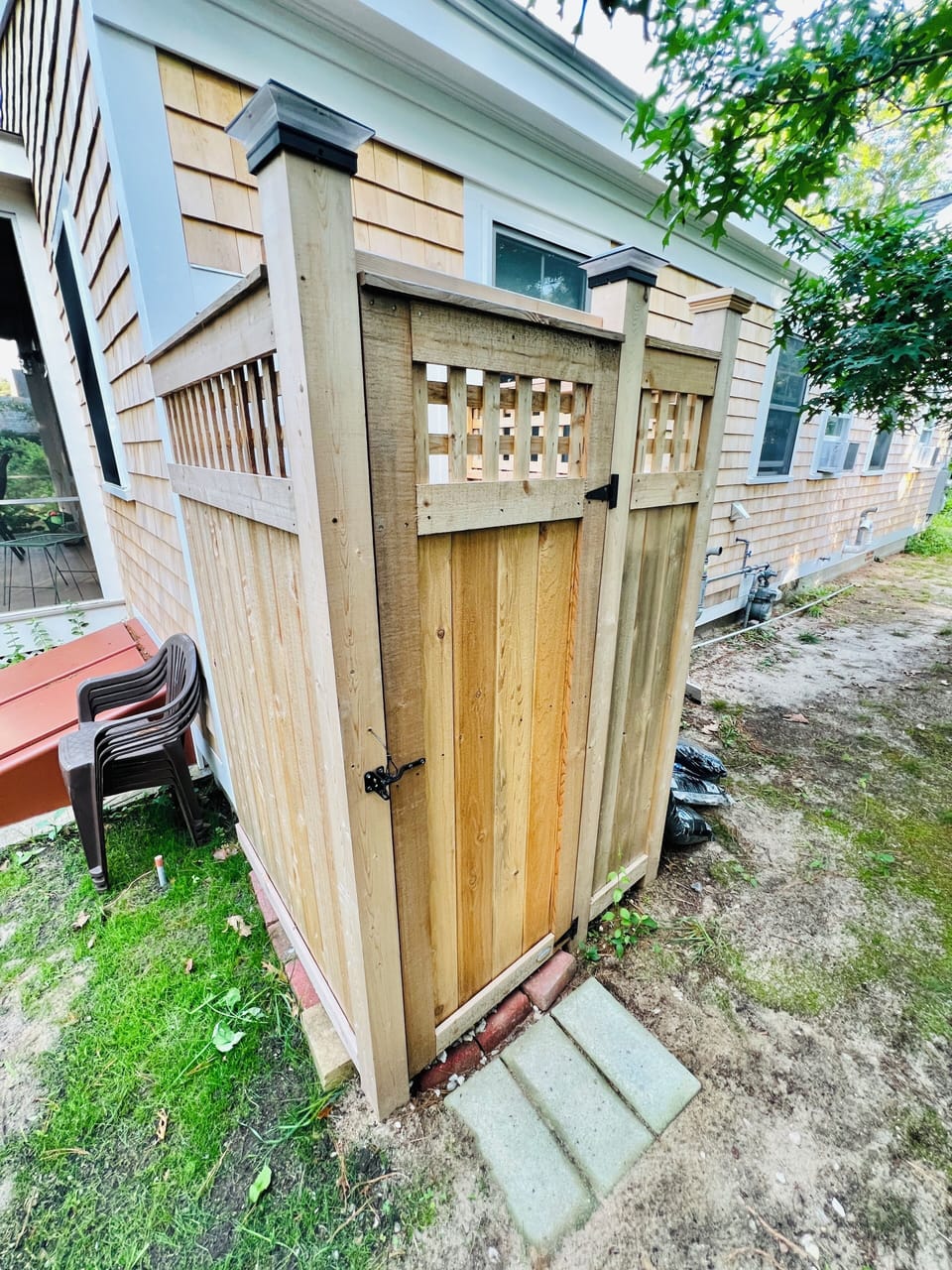 New cedar outdoor shower- for when you come back from the beach!