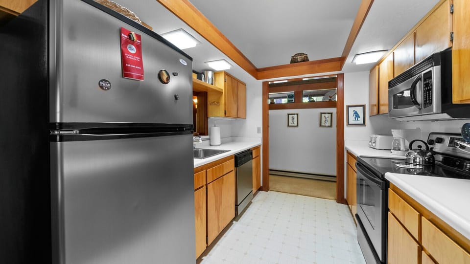 Galley kitchen with stainless steel appliances