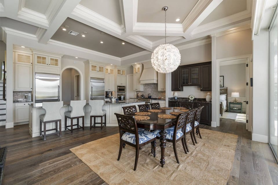 The large kitchen island offers overflow seating for lucky dinner guests.