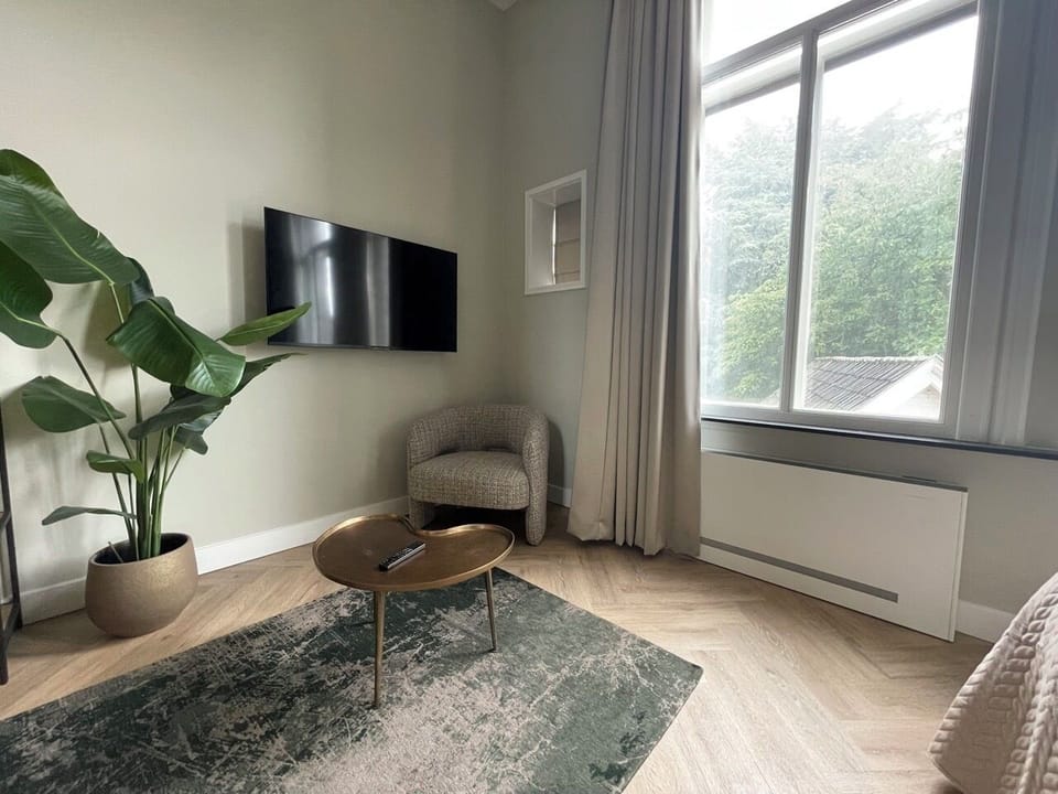 Elegant bedroom in Tilburg with SMART TV and relaxing nature view.