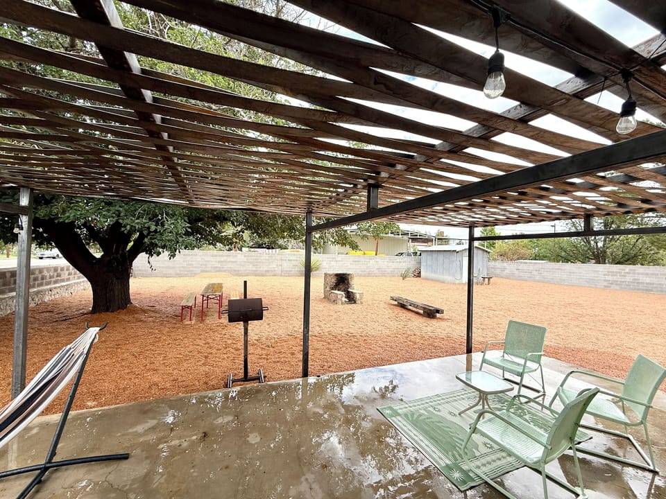 Backyard with new light filtering pergola and brand new fence.
