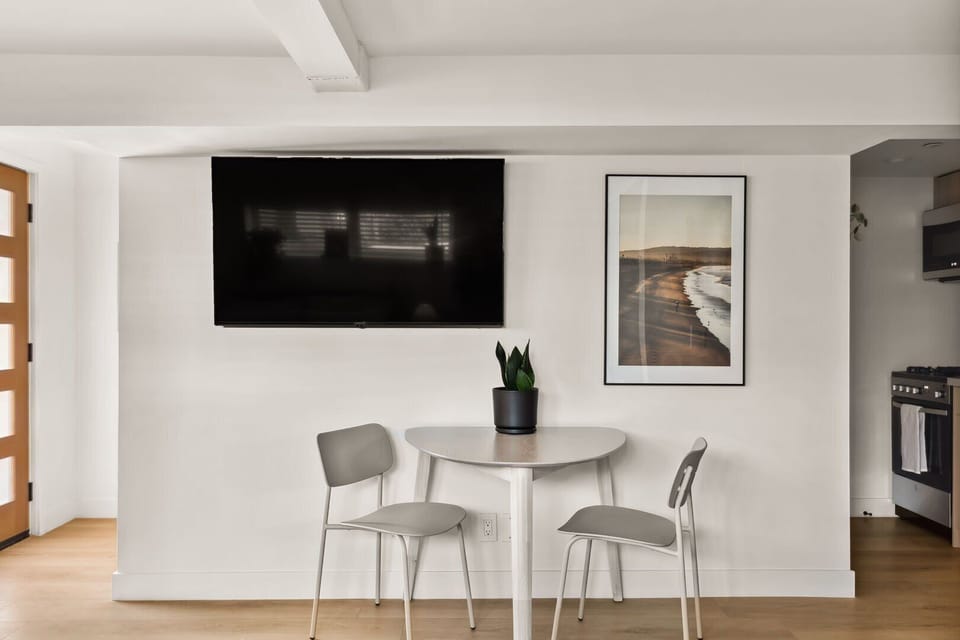 Television and bistro table.