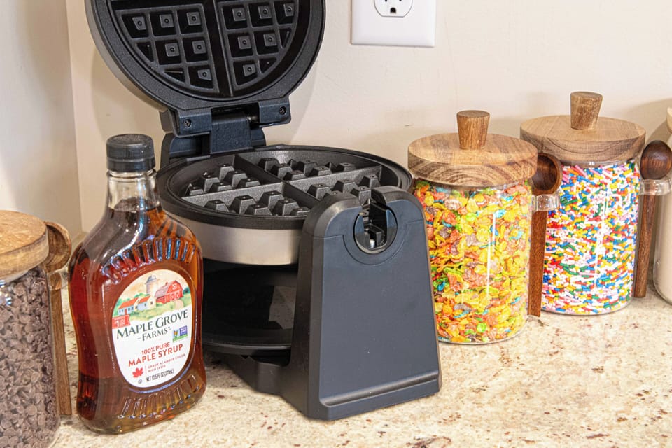 Our waffle station comes fully stocked with maple syrup, toppings & all you need