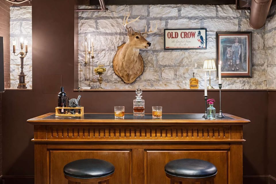 Bar: Mix up your favorite drinks at this unique and stylish bar area, perfect for evening relaxation. (Alcohol shown for display only and is not for guest consumption.)