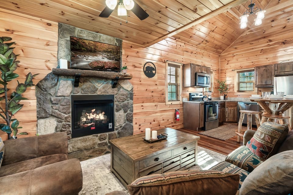 In this living room, every moment is lit by the glow of the fireplace.