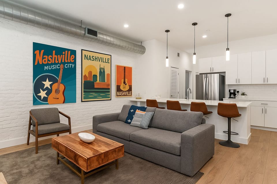 Unit 1: Open-concept living area featuring cozy furnishings, smart TV, and a sleeper sofa.