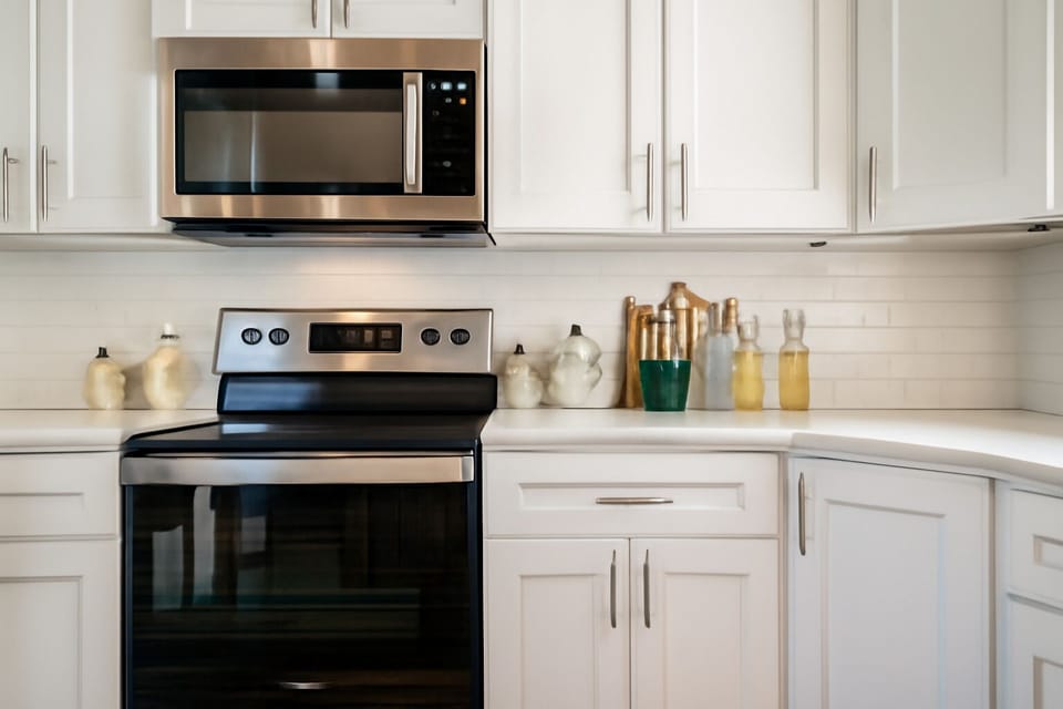 Bright, spotless kitchen ready for your home-cooked meals.