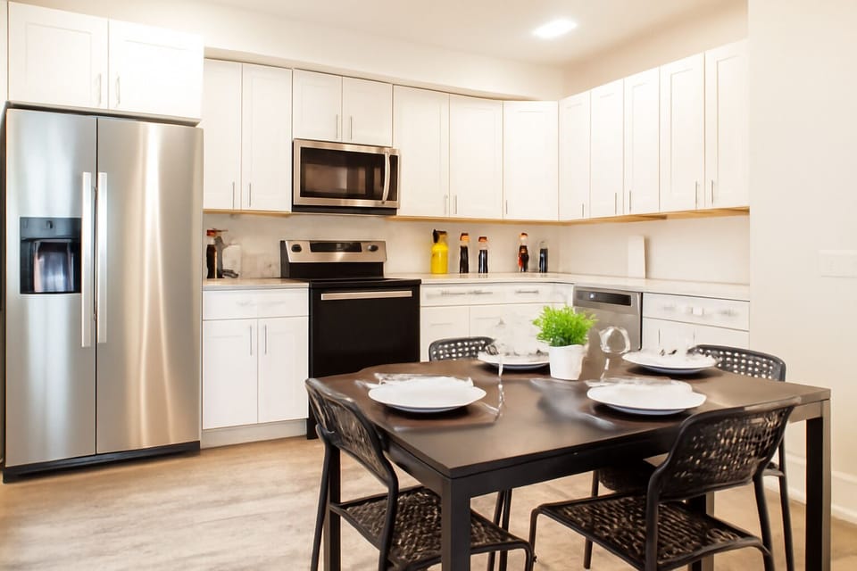 Bright, spotless kitchen ready for your home-cooked meals.