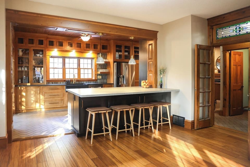 The kitchen and living room flow together.