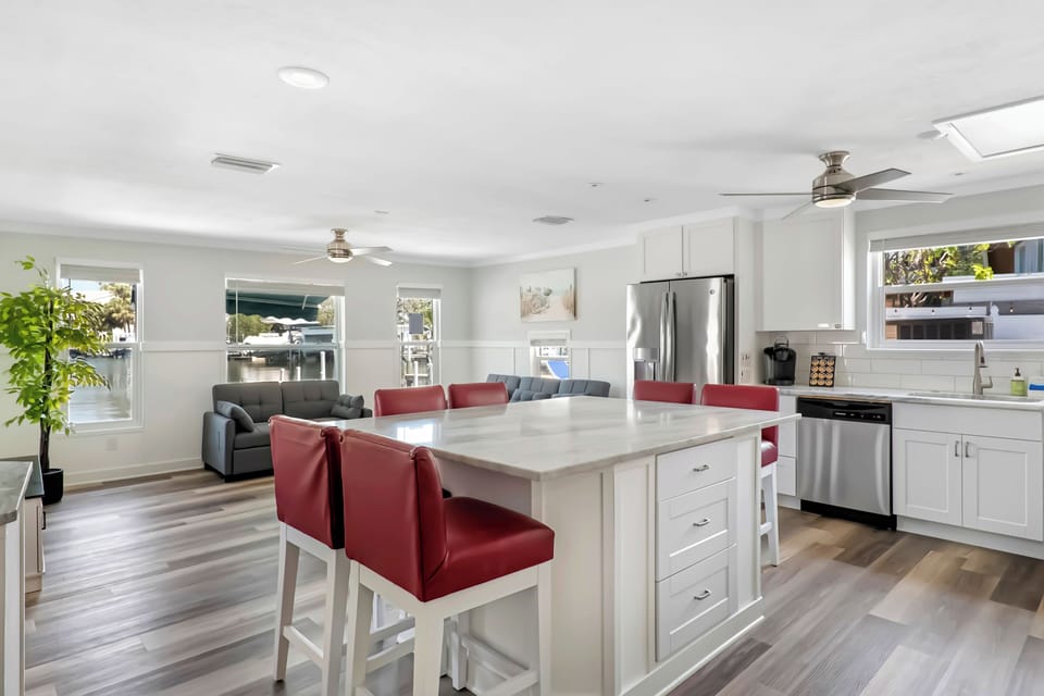 Ocean Away Home | Living Room & Kitchen | Bayfront Views | Open Concept.