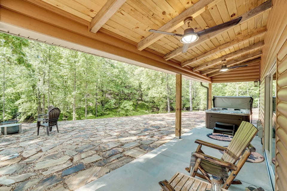 Cabin Exterior | Covered Patio | Private Hot Tub | Fire Pit w/ Grill Topper