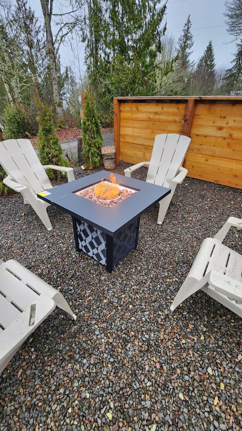 Cozy propane fire pit. 