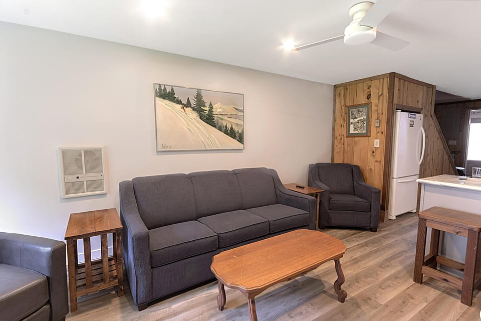 The sofa bed in the living room offers extra sleeping space.