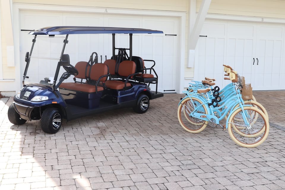 Home features a 6 seater golf cart and 6 adult bikes!