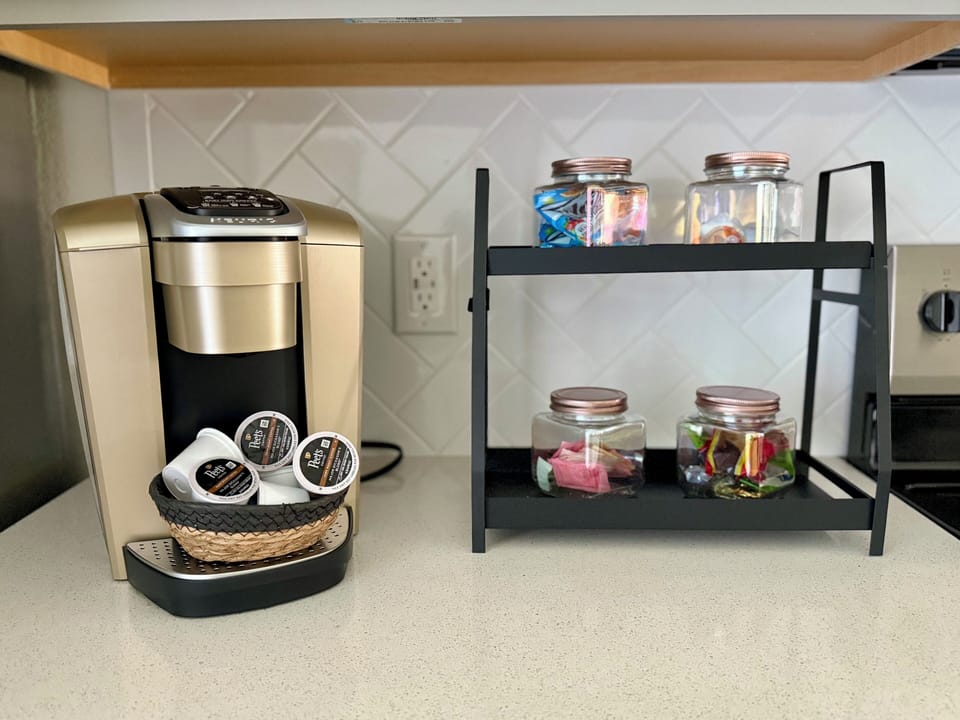 The full kitchen even features a coffee bar