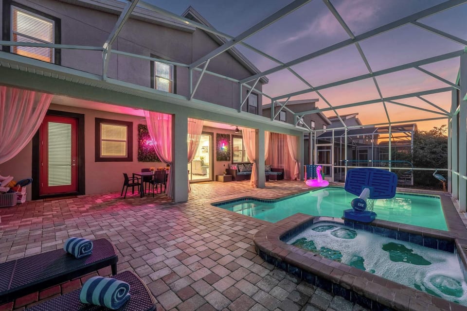 Private pool and spa with outdoor seating and dining area. Relax with a beautiful golf course view!