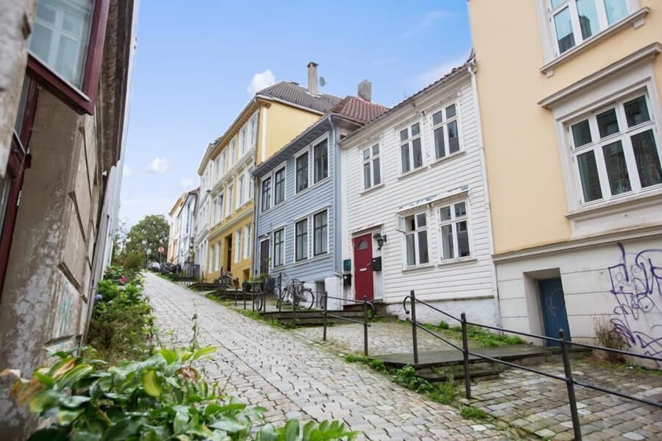 View down the charming street surrounded by colorful facades