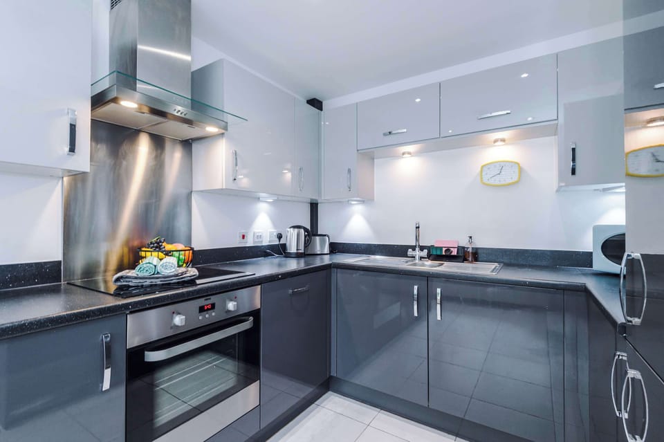 The modern kitchen is equipped with everything you need to prepare a meal whilst away. It features a toaster, kettle, microwave, coffee machine, dishwasher and washing machine!