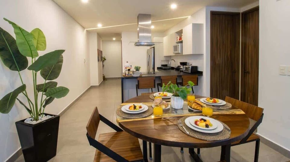 Everything flows together—the kitchen, dining area, and comfy sitting area