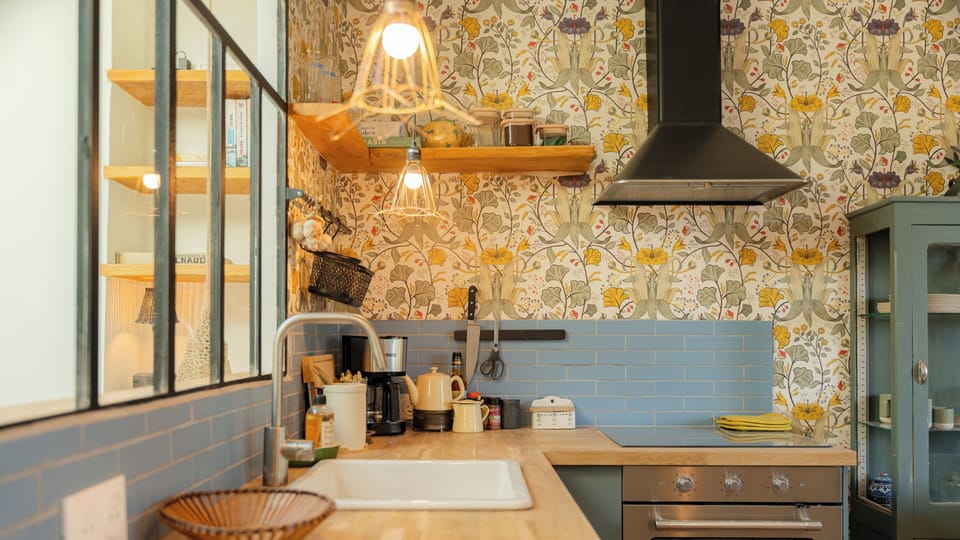 Kitchen in charming studio in historic center of Les Vans, Ardèche, Cévennes