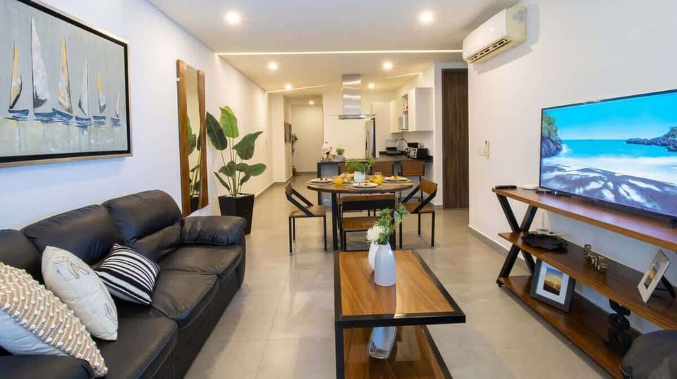 Everything flows together—the kitchen, dining area, and comfy sitting area