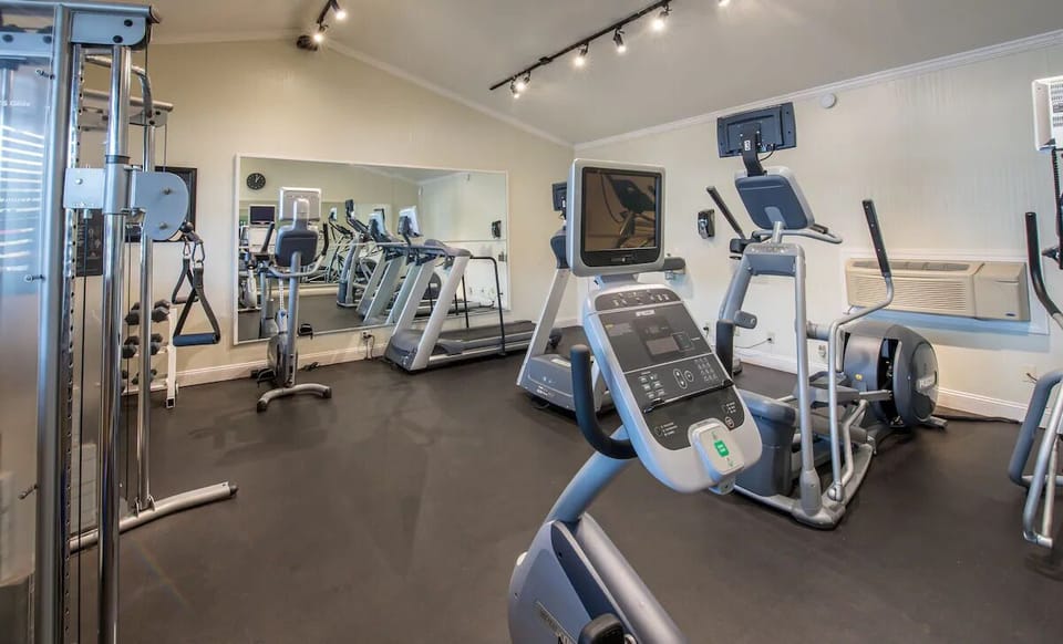 Recharge with a full workout in the bright fitness room.
