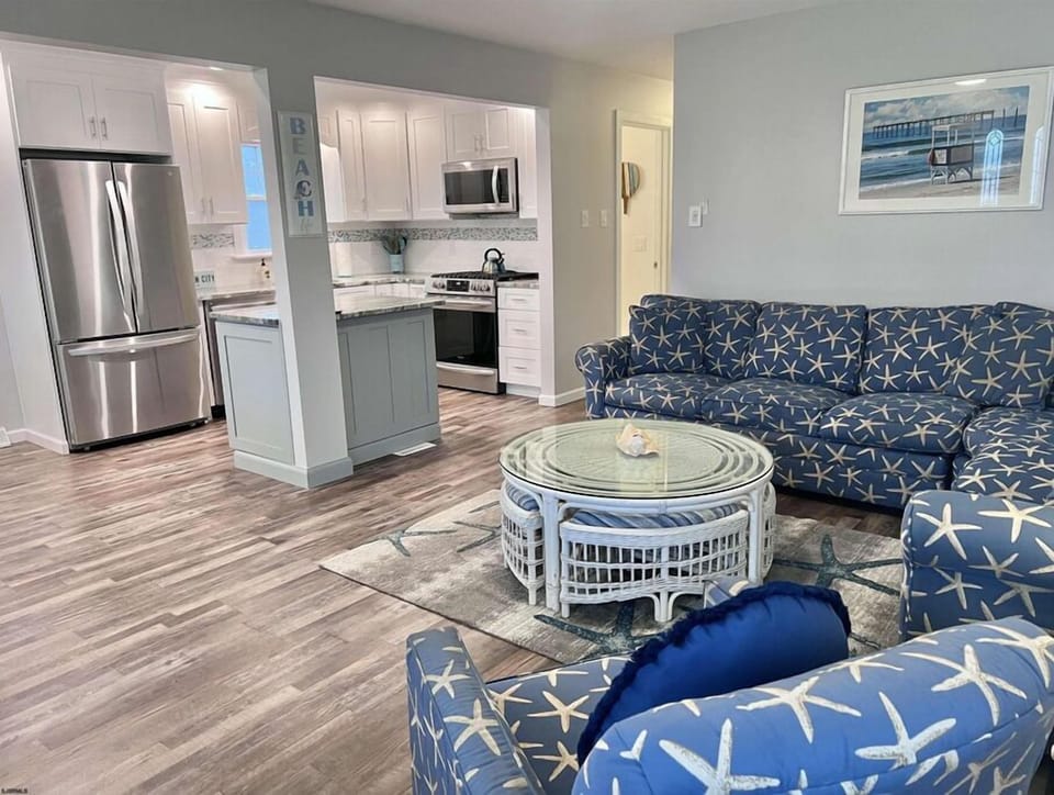 Spacious living area and modern kitchen
