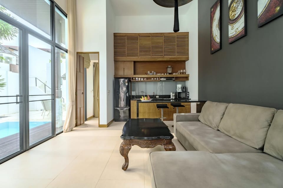 Living Room, Kitchen, Pool View