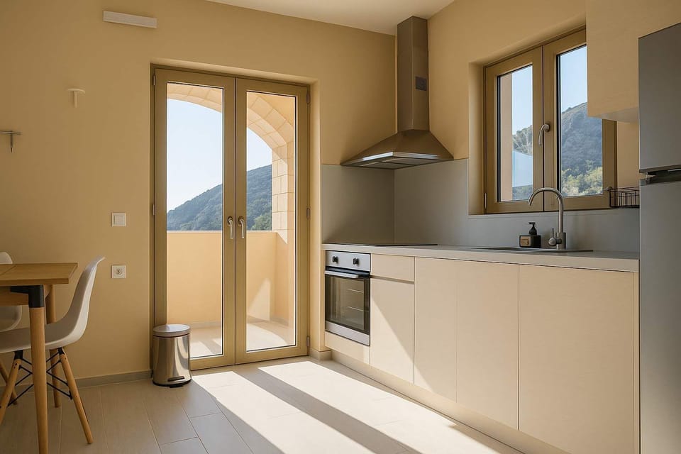 First accommodation: Functional kitchen space with seamless access to the outdoors.