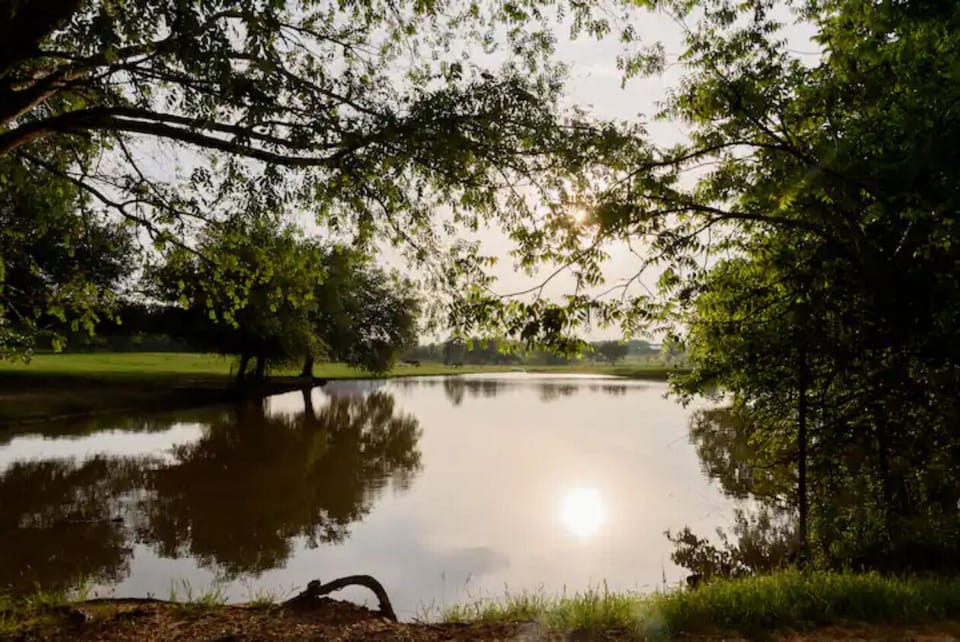 Enjoy breathtaking sunset views over the backyard pond.