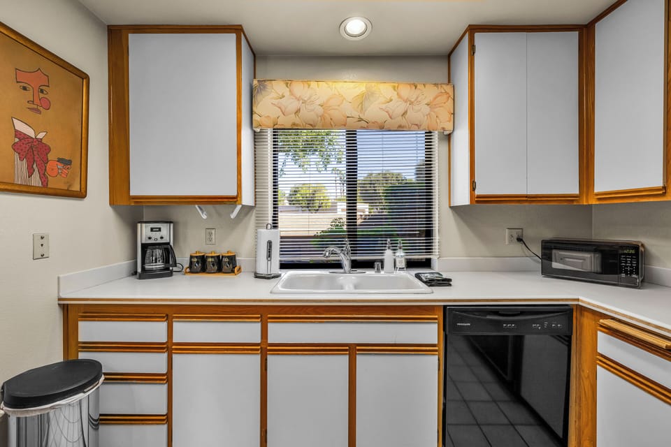 Kitchen sink area with coffee station and garden views