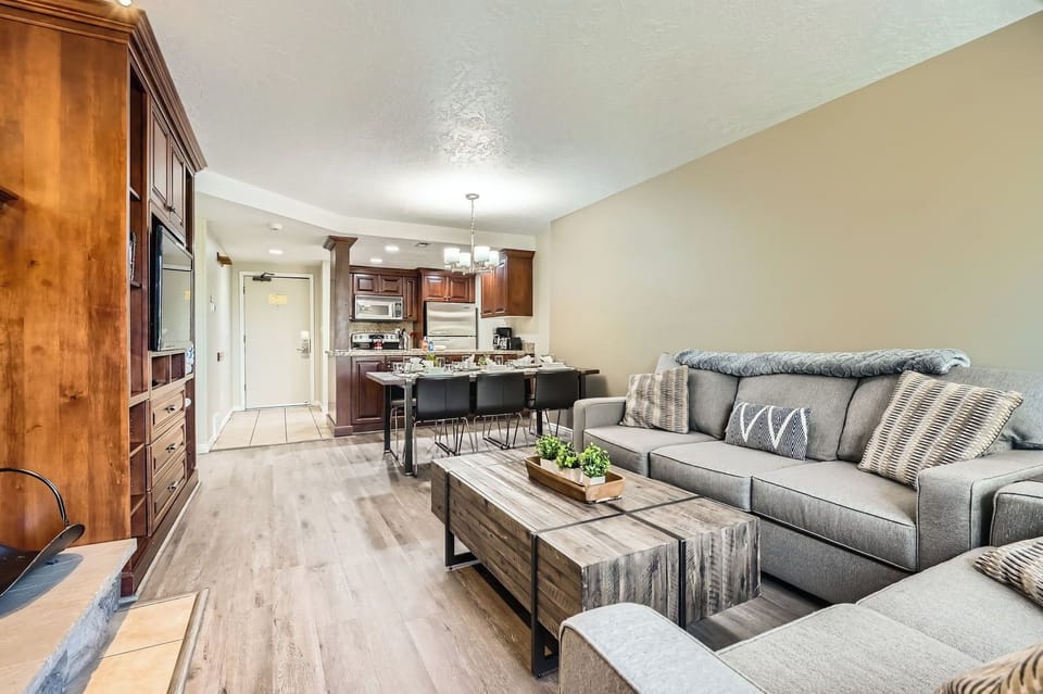 Sleeper sofa in living space with space for two guests