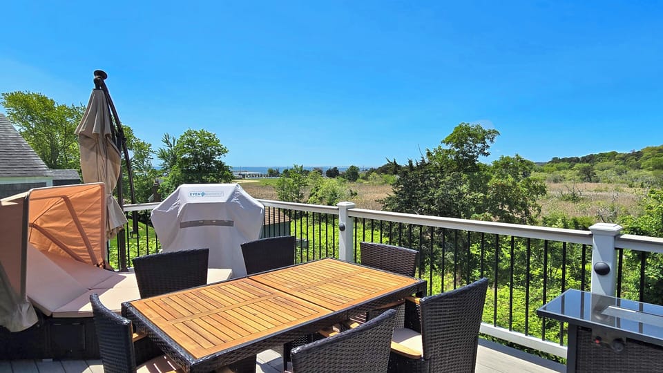 Deck has a gas grill and a double chaise lounge