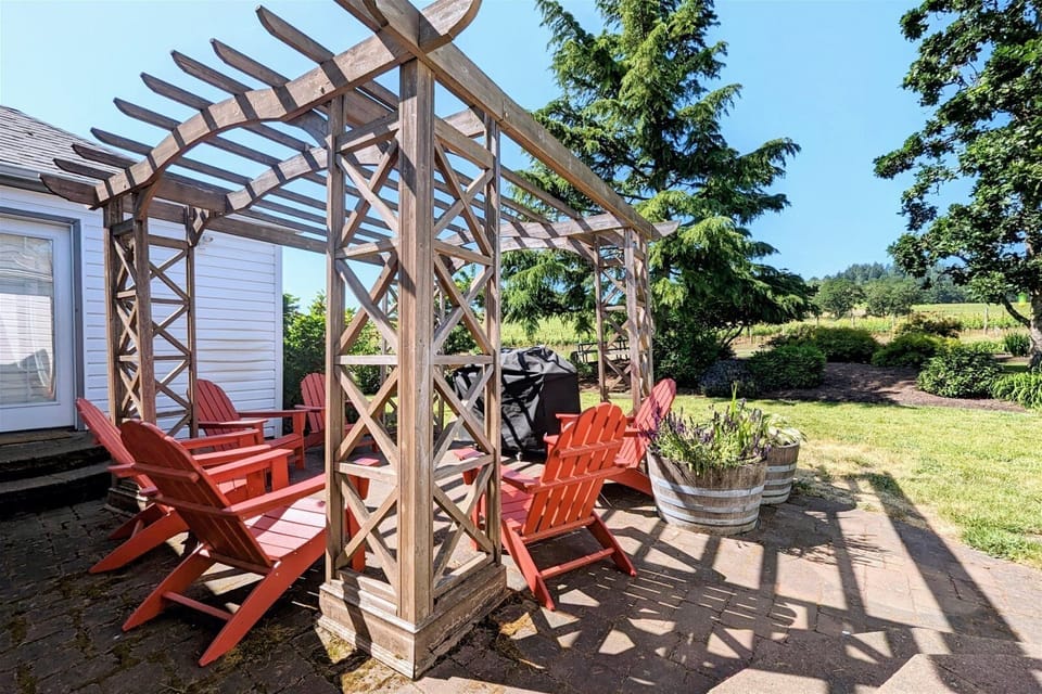 Outside patio with picnic table, Adirondack chairs, and BBQ