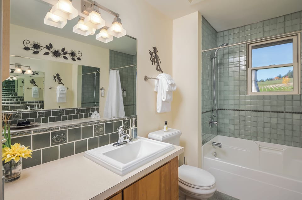 Downstairs bathroom with shower tub combination.