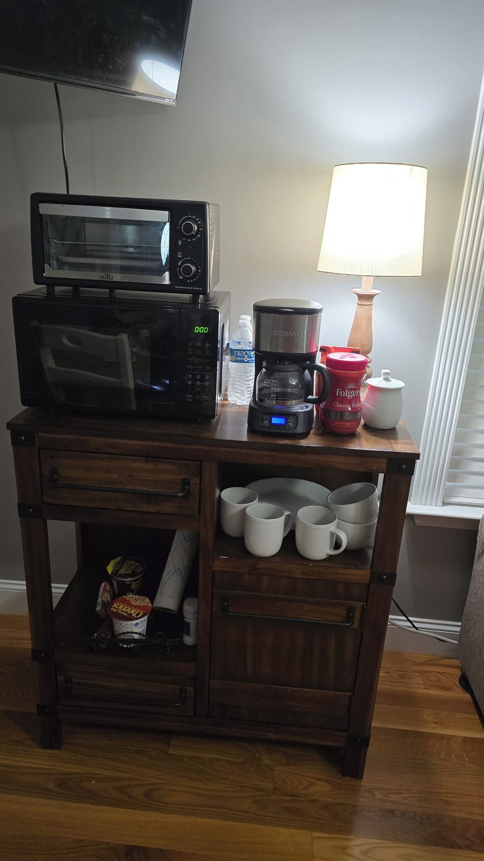 Microwave,  toaster oven, coffee maker, and all other plates, cups, bowls, etc.