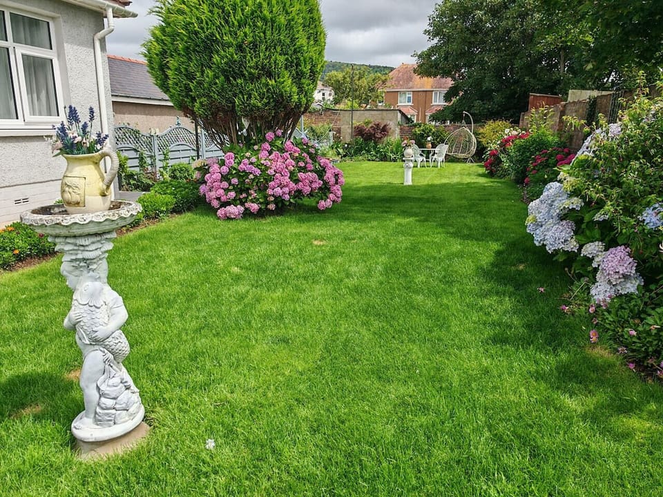Enclosed garden lawn with planted borders and garden ornaments.