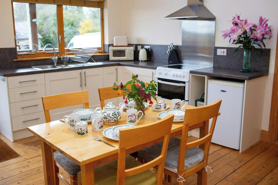 Kitchen with electric cooker, extractor fan and under counter fridge